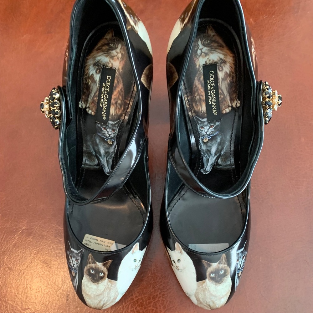 Dolce & Gabbana Mary Jane Vitello Black leather Cat design Heels, size 40